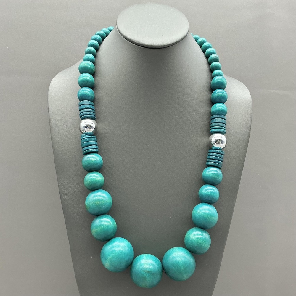 Necklace Blue Wood Beaded Chunky Toggle Womens Bold Boho Statement Jewelry